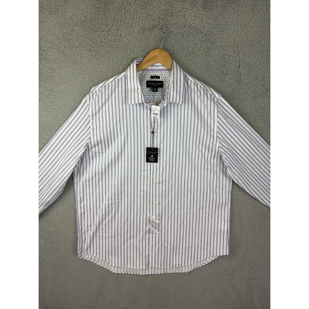 Pronto Uomo Shirt Mens XL White Blue Stripe Slim Fit Stretch Long Sleeve Men New - Picture 2 of 11